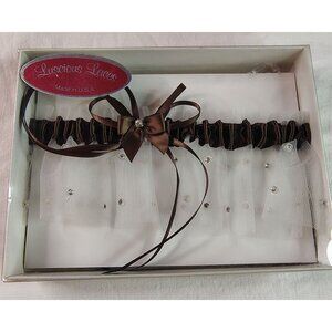 Vintage Luscious Laces Bridal Garter Brown Satin Tulle Rhinestone USA Unused
